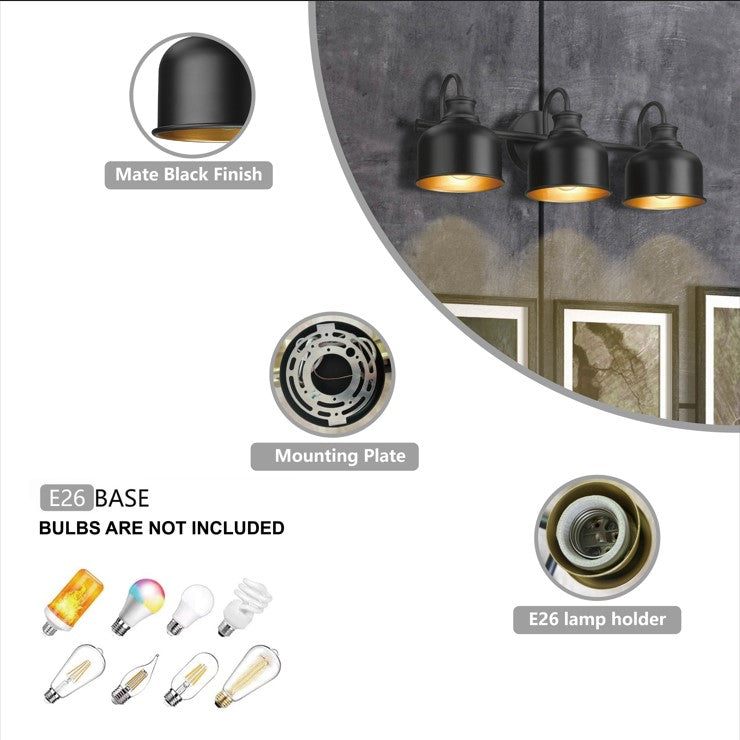 Bathroom 3-Lights wall lamp Black JF2228-W3