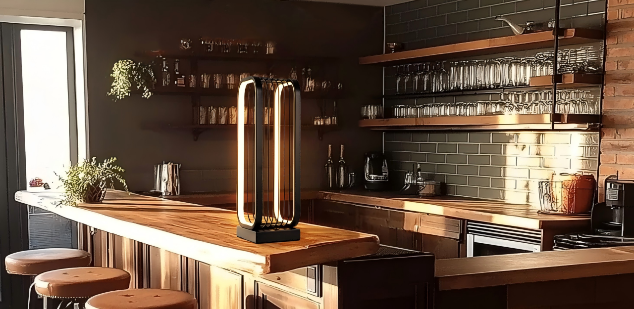 Above the bar, the lamp stands as the focal point. Its simple cuboid form, subtly outlined by a black frame, is complemented by an LED light strip design, creating a warm, quiet aura.