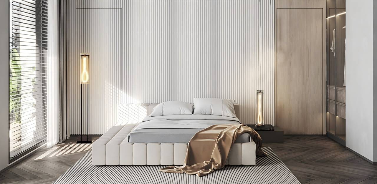 The unique transparent ribbed-glass LED floor lamp and table lamp create a warm atmosphere in the bedroom.
