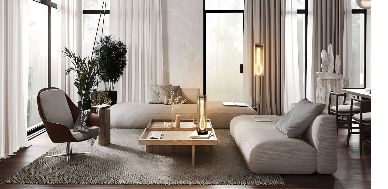 The table lamp and floor lamp in the living room radiate warm light, adding a touch of warmth and tranquility to the entire space.