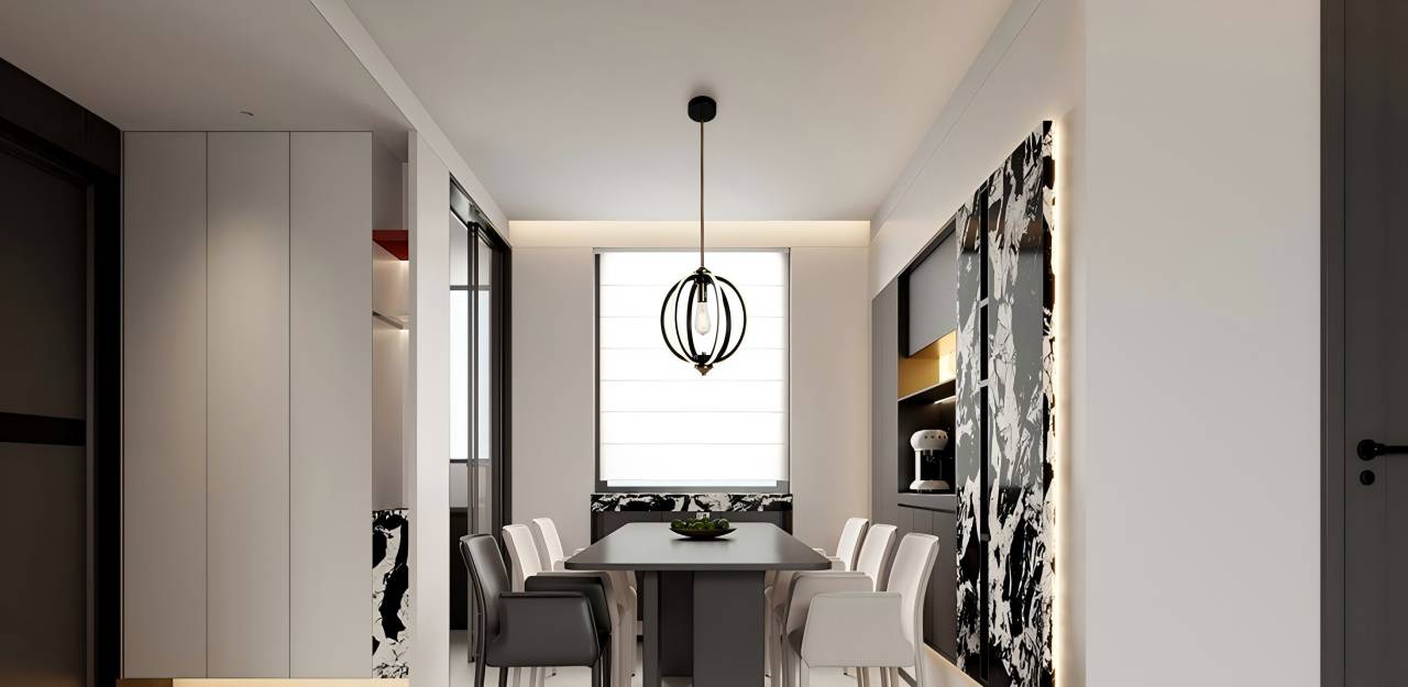 A unique spherical pendant light outlined in black metal lines, combined with silicon LED strips and an LED bulb in the center. The soft glow provides ample light, adding warmth and style to the dining room.