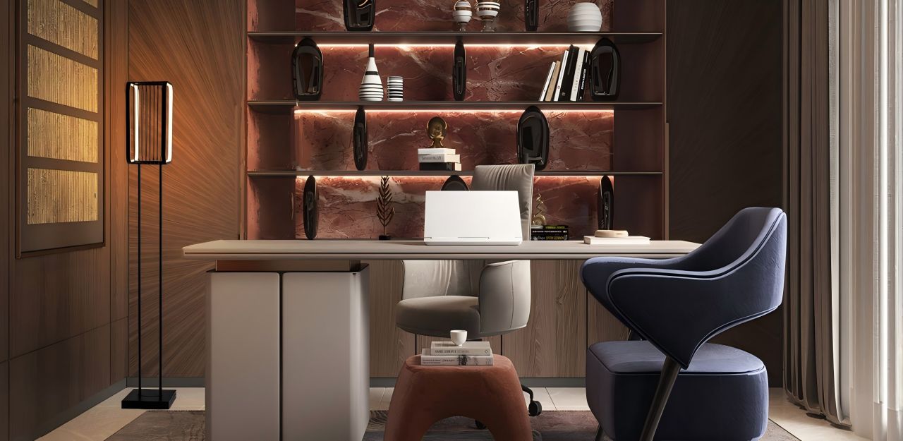 This is definitely my favorite private office. The black floor lamp with a rectangular lampshade and strip LED light casts a serene glow, blending seamlessly into the study to create a modern, elegant, and artistic atmosphere.