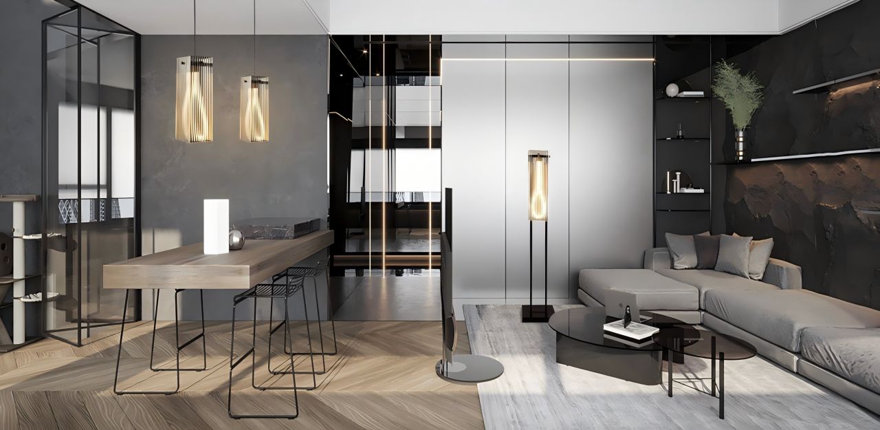 The ingenious combination of pendant light and floor lamp creates a fashionable and comfortable living atmosphere, embodying the design concept of simplicity without being simplistic.