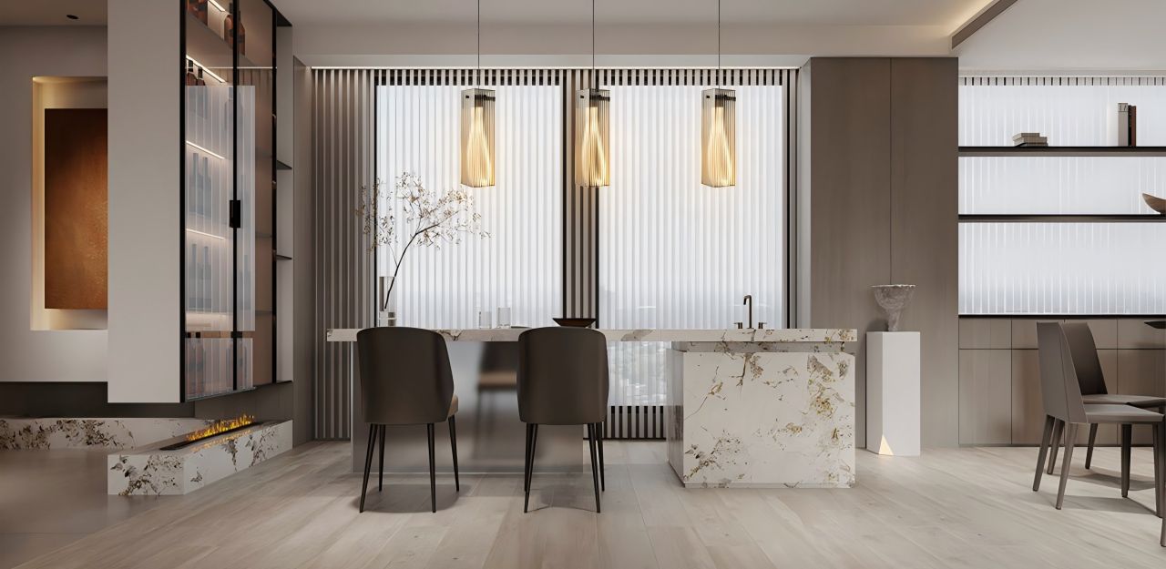 The design of the pendant lamps is in line with the minimalist style of the overall space. The light emits warm and soft rays through the lampshades, creating a warm and comfortable atmosphere for the dining room.