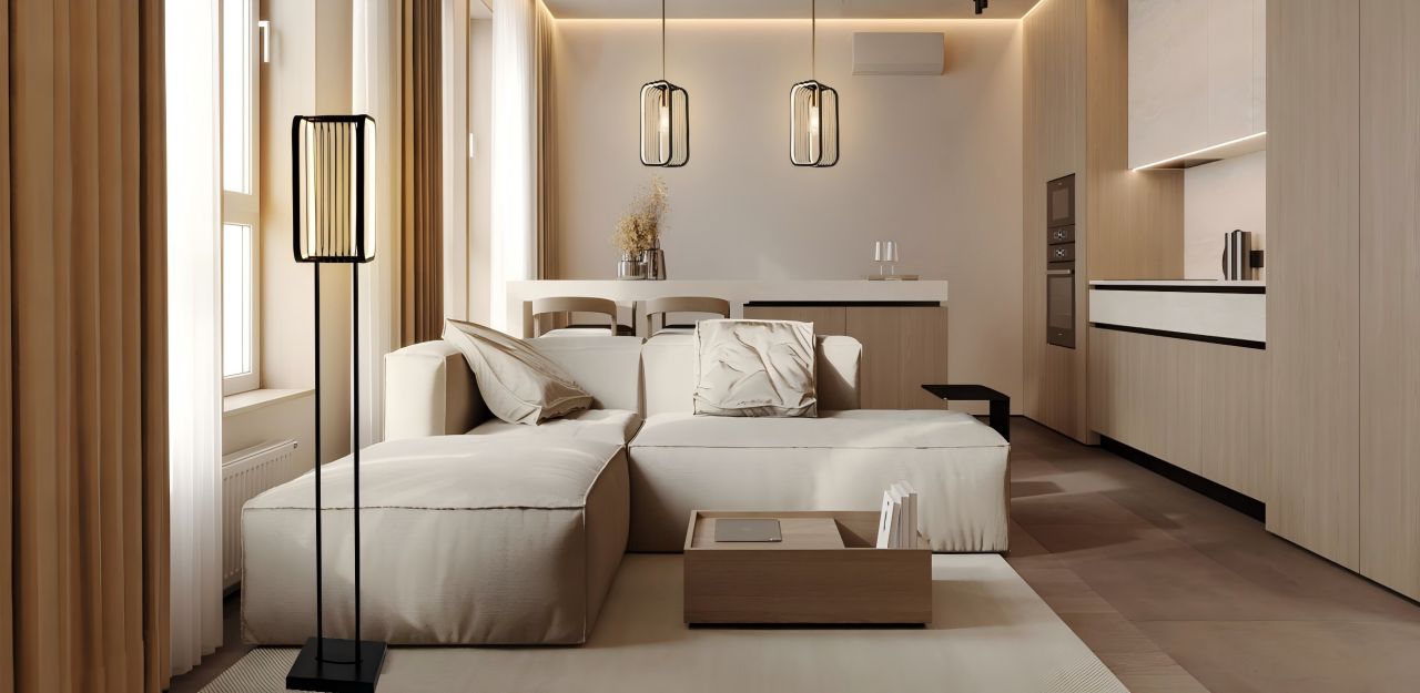 In private apartments or hotel rooms, pairing floor lamps and pendant lights with the same design elements creates a look that is both practical and understated, simple yet sleek.