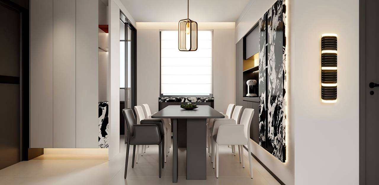A unique pendant lamp above the table features a simple, stylish design. A wall lamp on the right emits soft light, adding elegance. The modern minimalist decor creates a cozy dining atmosphere.