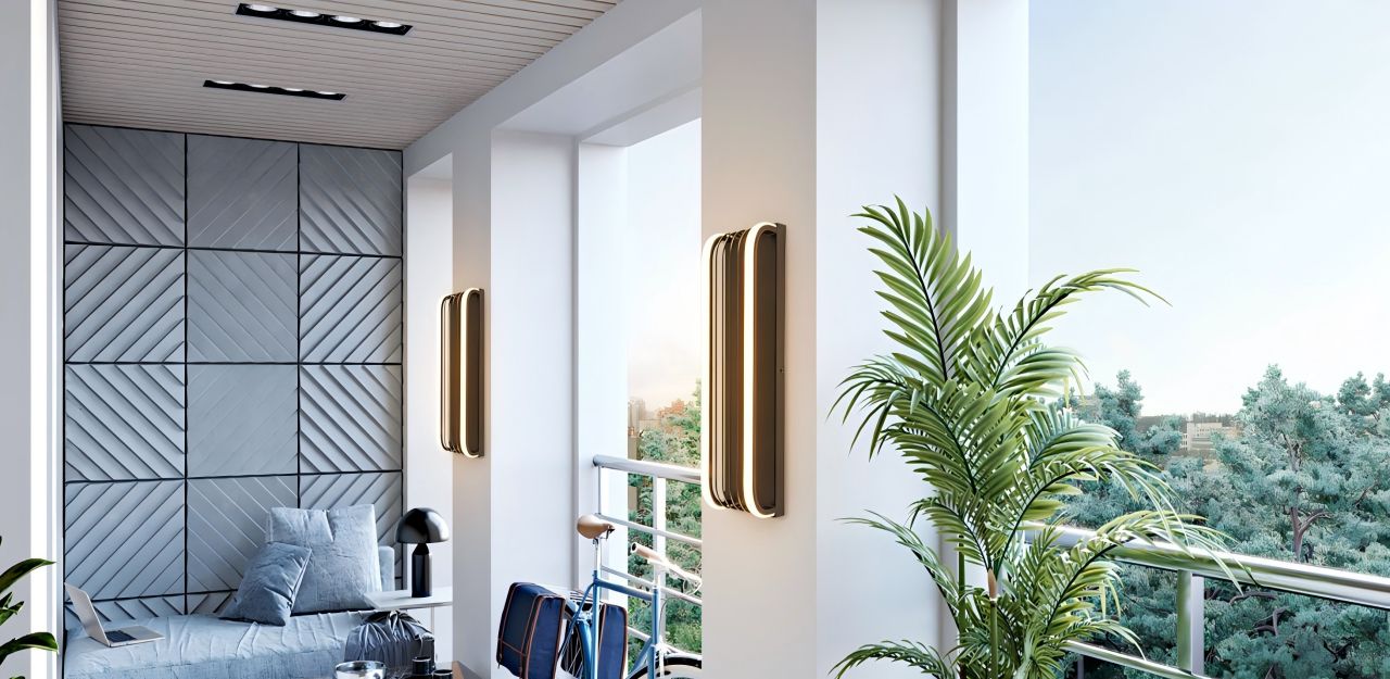 The wall lamps enhance the overall style and meet the functional needs of the balcony, creating a space that blends practicality with aesthetic appeal.