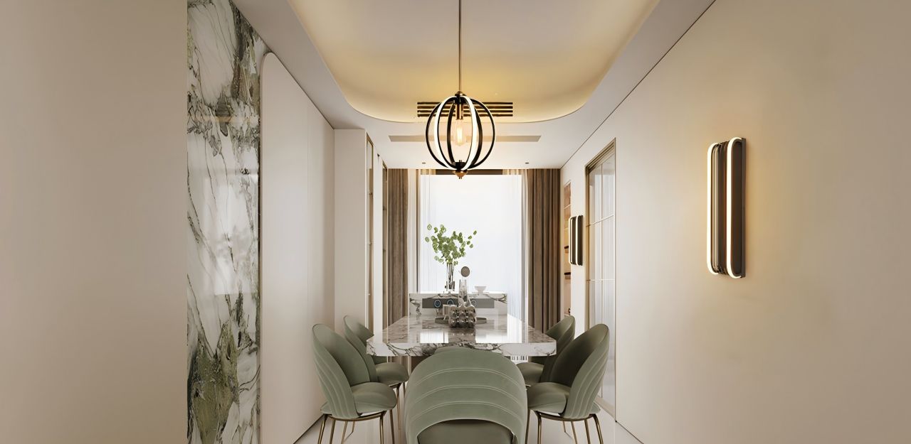 The simple lines of the wall lamps complement the unique style of the pendant lamps. The harmonious lighting arrangement creates a warm and comfortable dining environment.