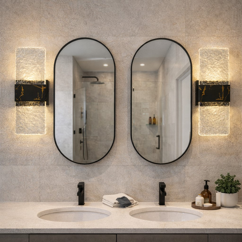 Black &amp; Gold Vertical Vanity Light, Stone Pattern Acrylic Shade