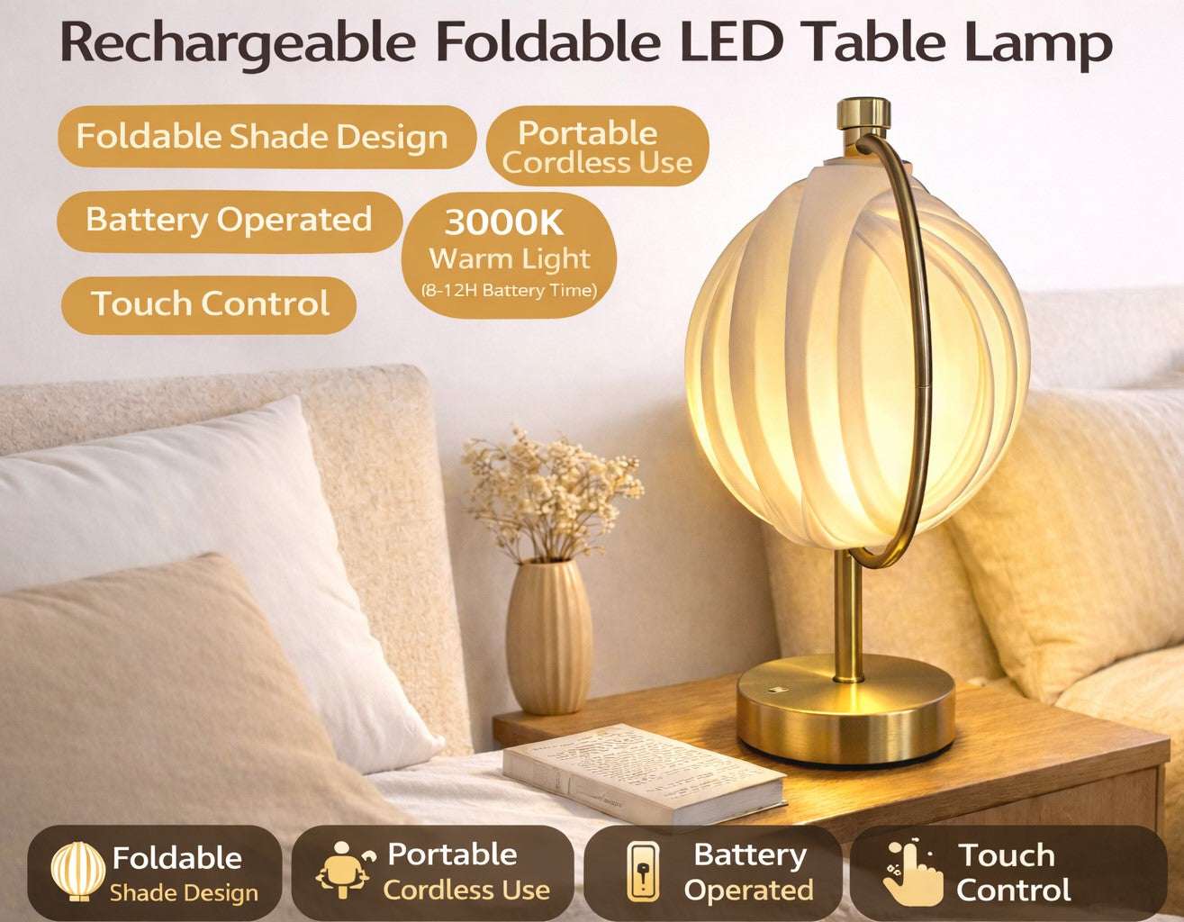 Rechargeable LED Table Lamp, Foldable Shade Design, 3000K Warm Light, Portable Cordless